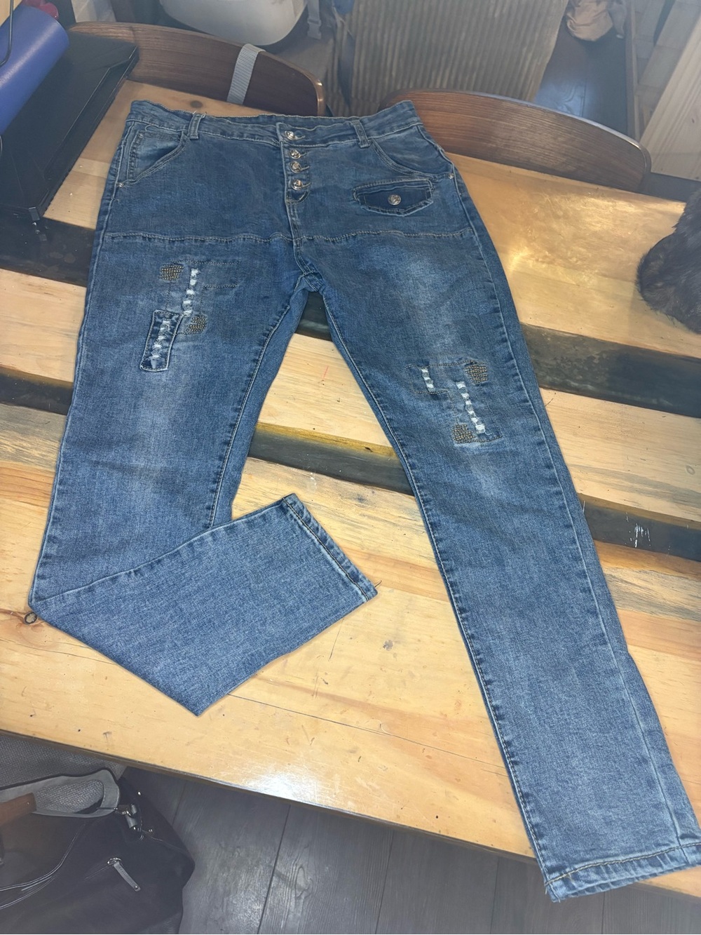 High-Waist Distressed Blue Denim Jeans